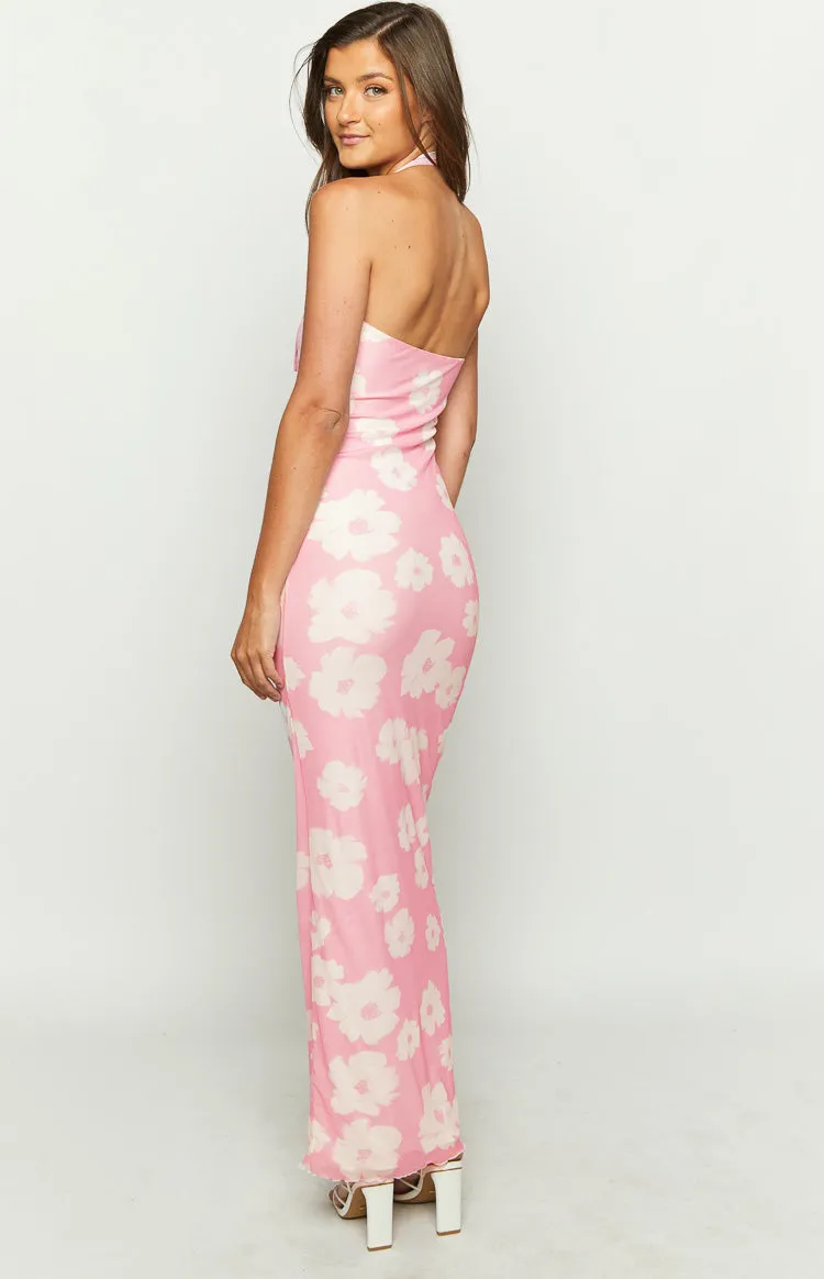 Aimee Pink Floral Maxi Halter Dress