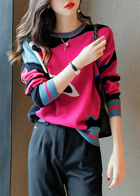 Beautiful Rose O Neck Patchwork Cozy Wool Knit Sweaters Long Sleeve ML2923