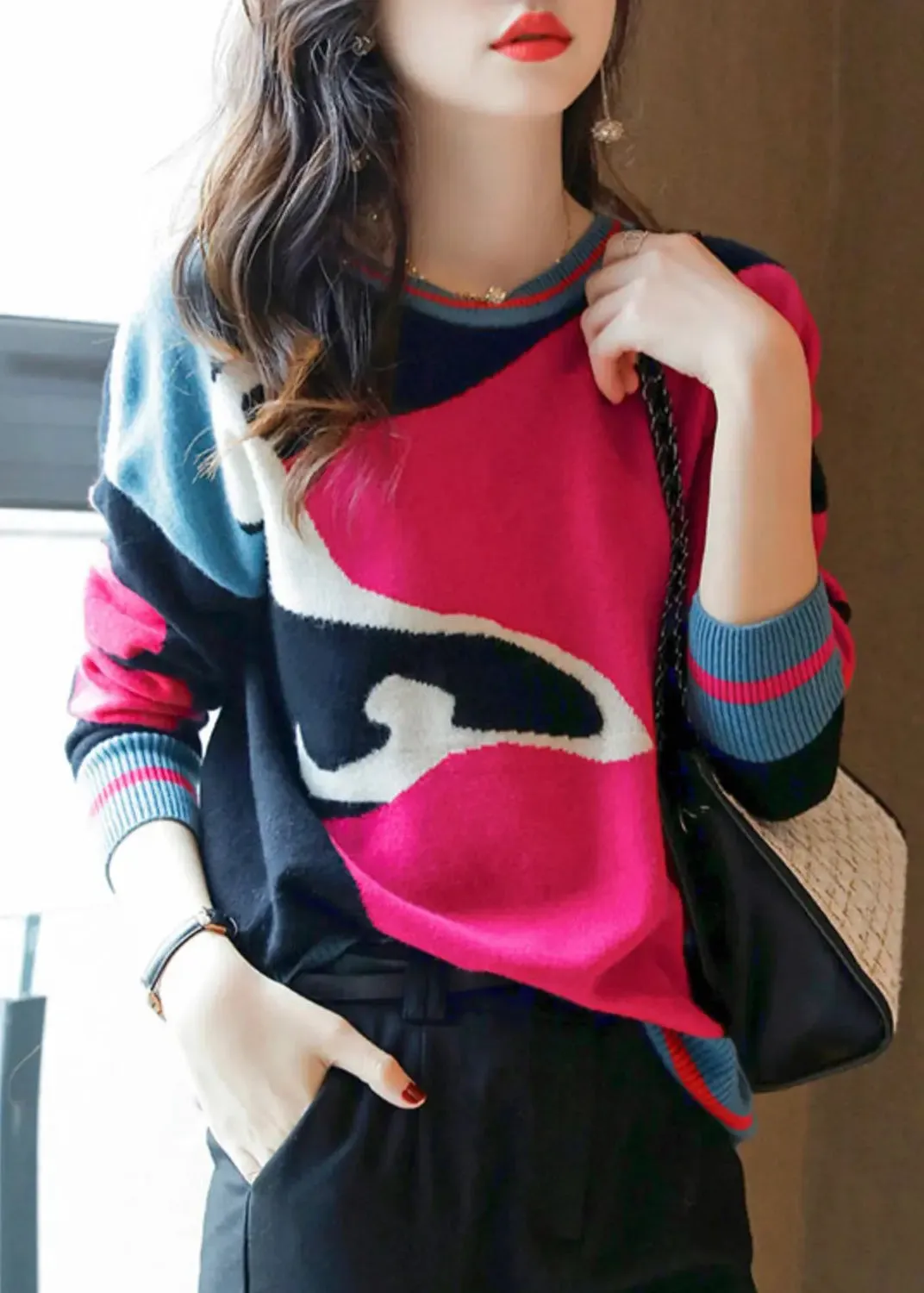 Beautiful Rose O Neck Patchwork Cozy Wool Knit Sweaters Long Sleeve ML2923