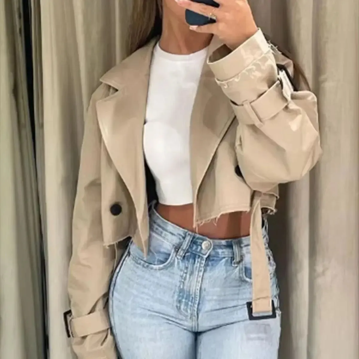 binfenxie Women Fashion Belt Cropped Coat Long Sleeve Turn Down Collar Short Jacket Vintage Chic Double Breasted Trench Coats Lady Outfit