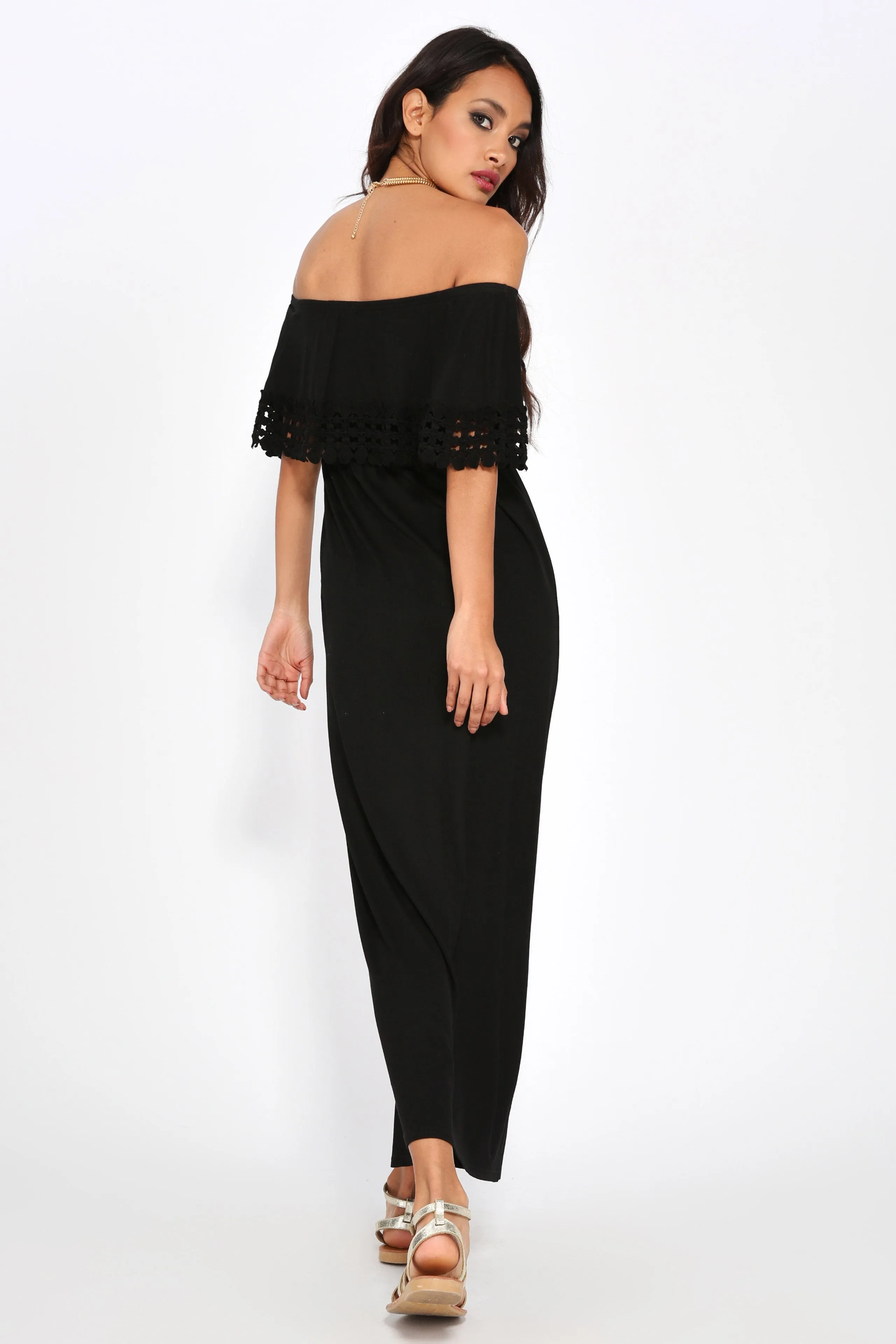 Black Bardot Crochet Trim Maxi