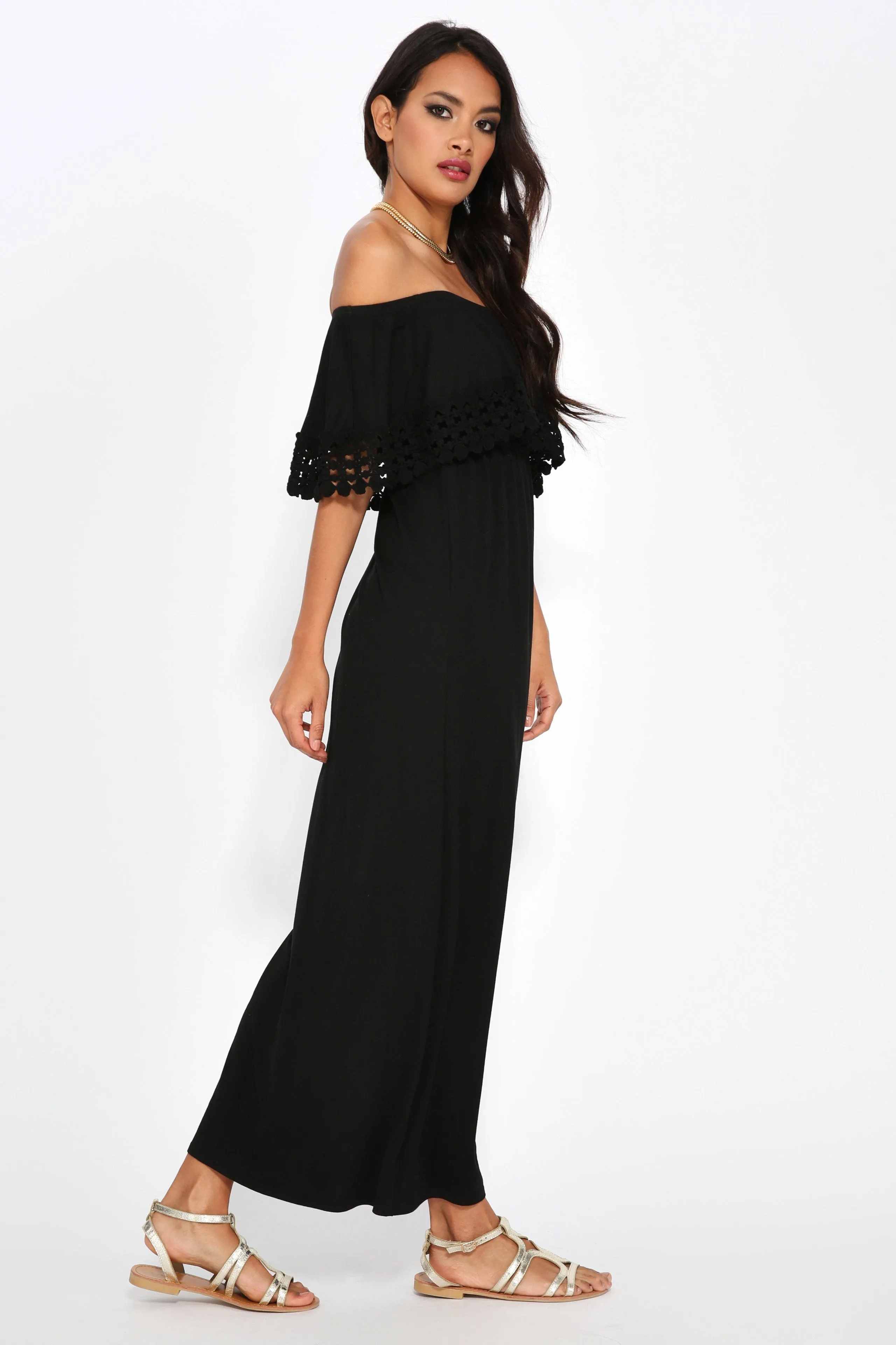 Black Bardot Crochet Trim Maxi