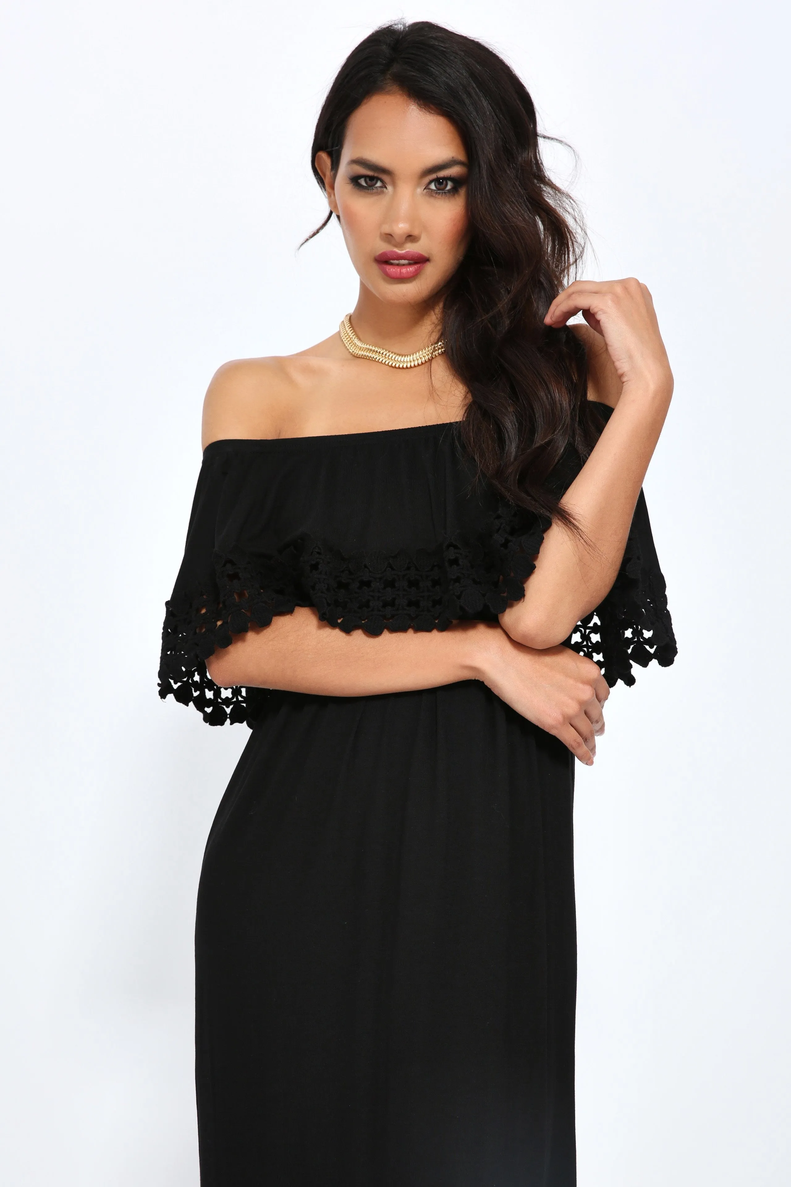 Black Bardot Crochet Trim Maxi