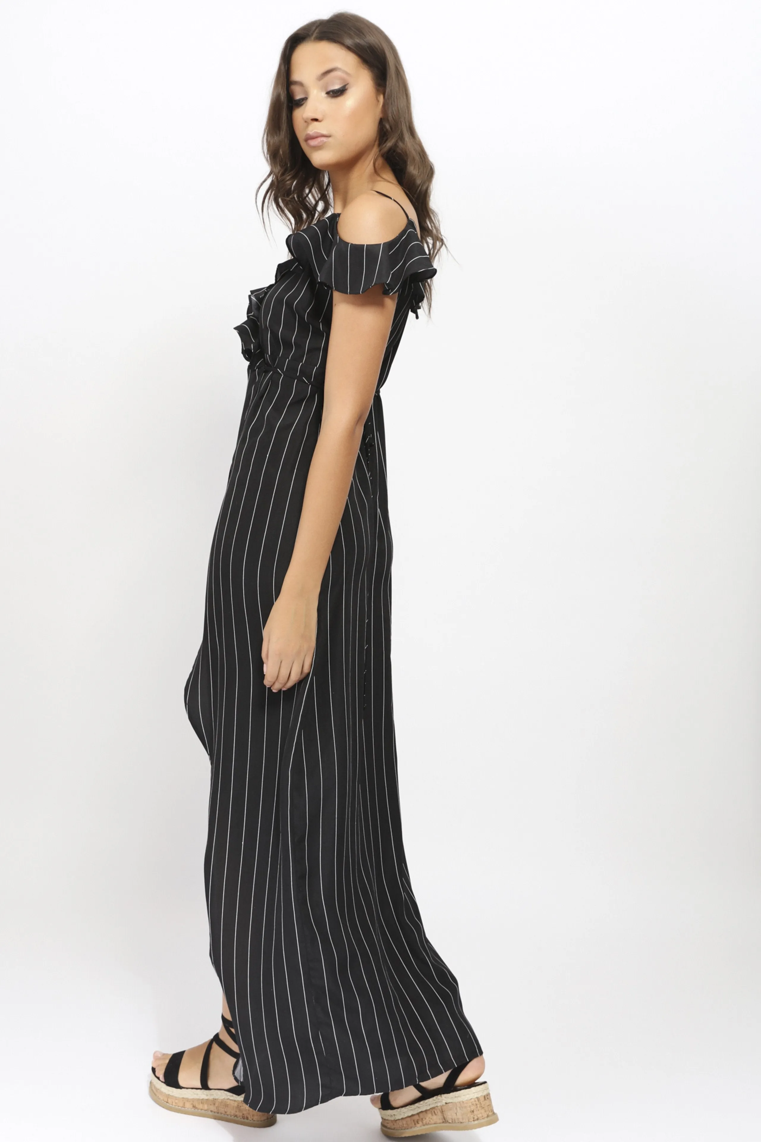 Black Bardot Open Front Pinstripe Maxi Dress