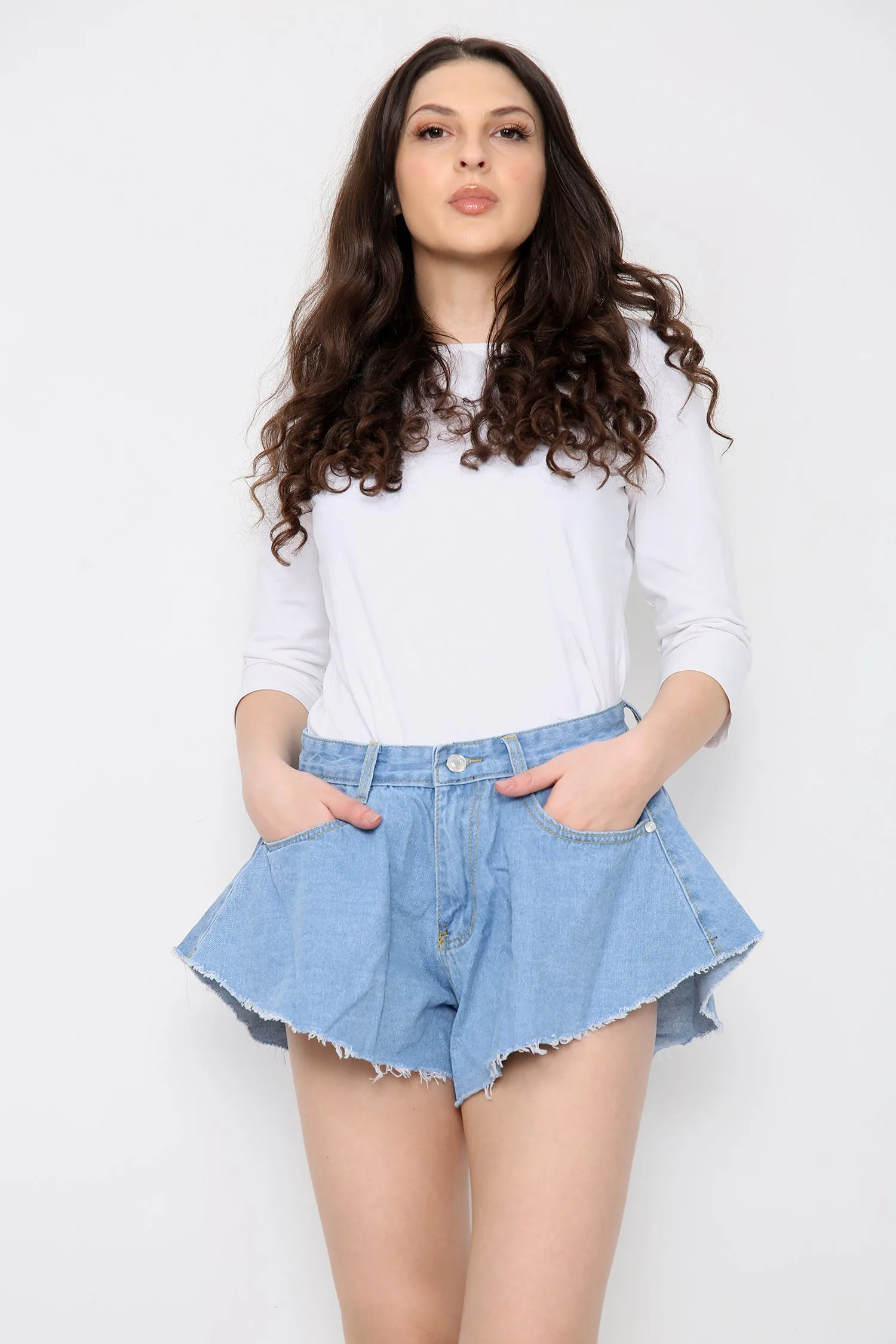 Blue Denim High Waisted Flared Shorts