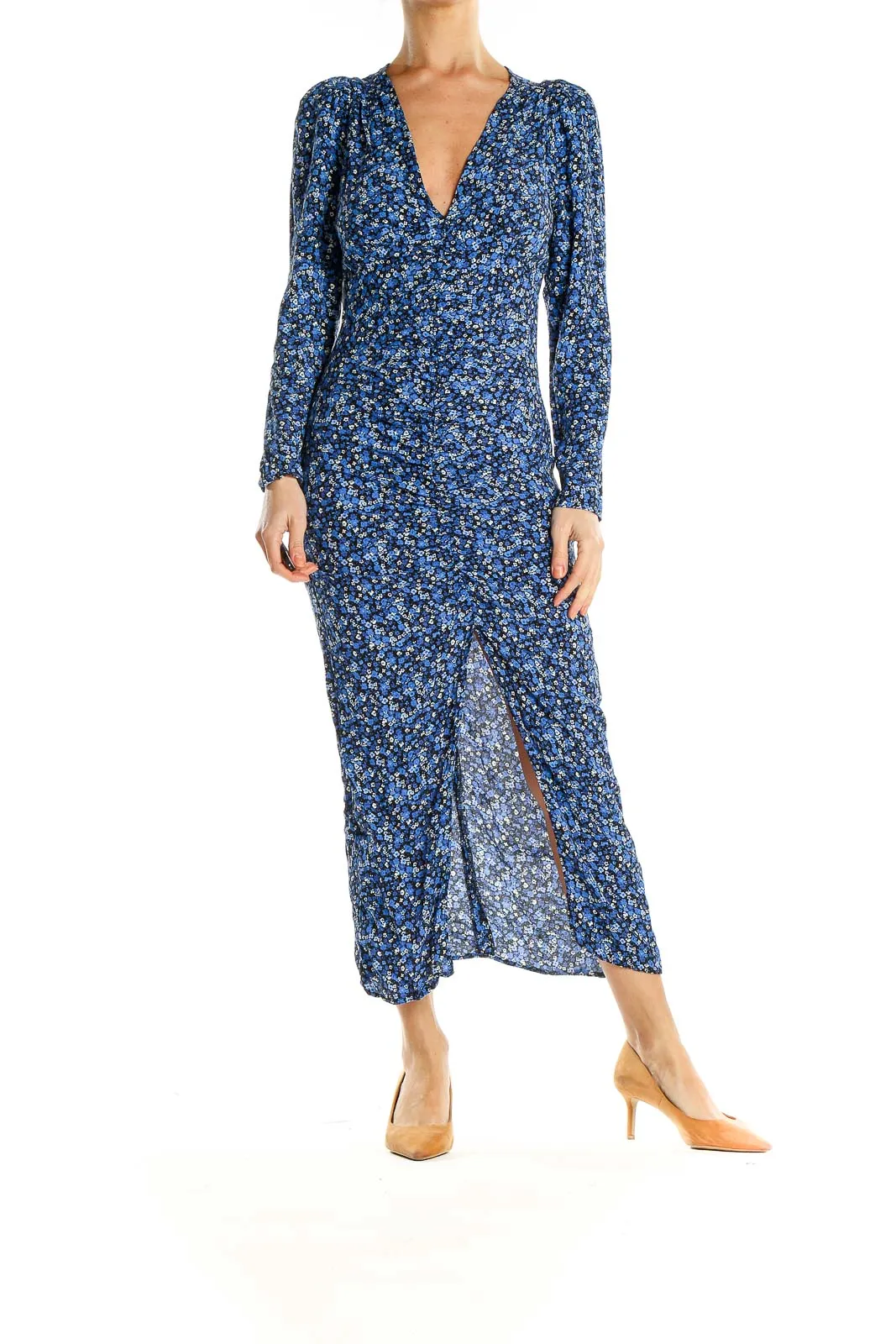 Blue Floral Print Maxi Dress With Slit