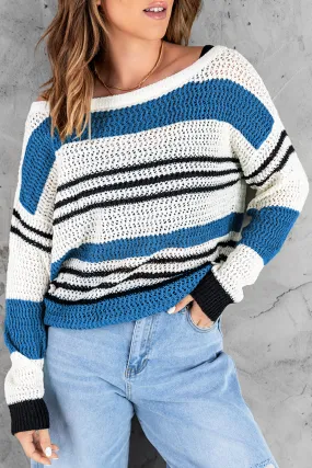 Blue Loose Fit Striped Pattern Sweater