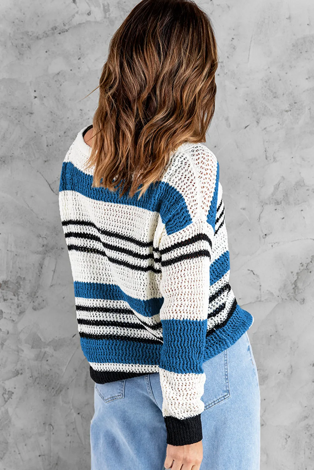 Blue Loose Fit Striped Pattern Sweater