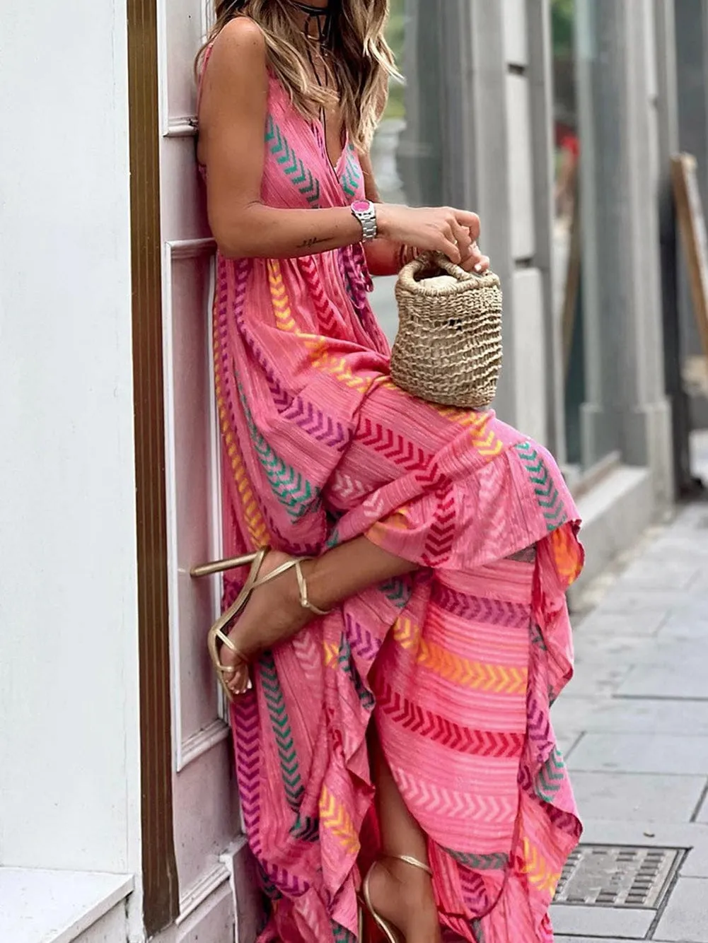 Bohemian Pink Geometric Print Maxi Dress with Tassel Detail