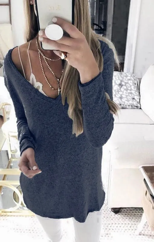 Candy Solid Color V-neck Casual Loose Women Pullover Sweater