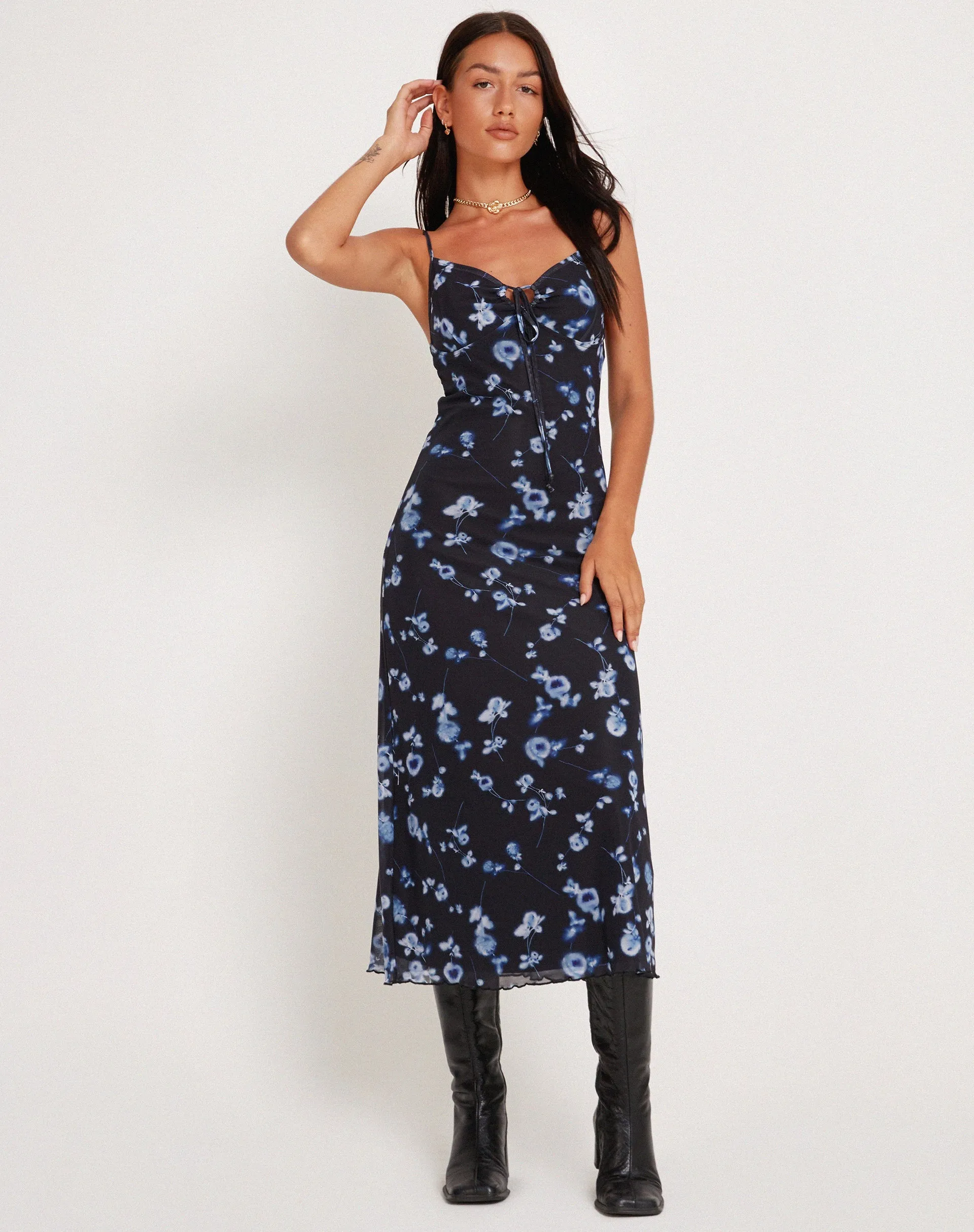 Coya Maxi Dress in Mesh Navy Diffused Floral