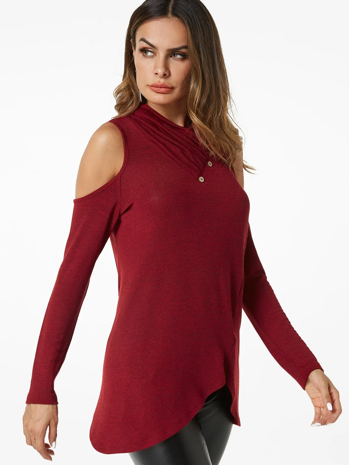 Custom Cold Shoulder Crossed Front Long Sleeve Irregular Hem Burgundy T-Shirts