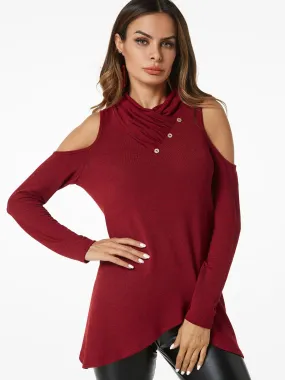 Custom Cold Shoulder Crossed Front Long Sleeve Irregular Hem Burgundy T-Shirts