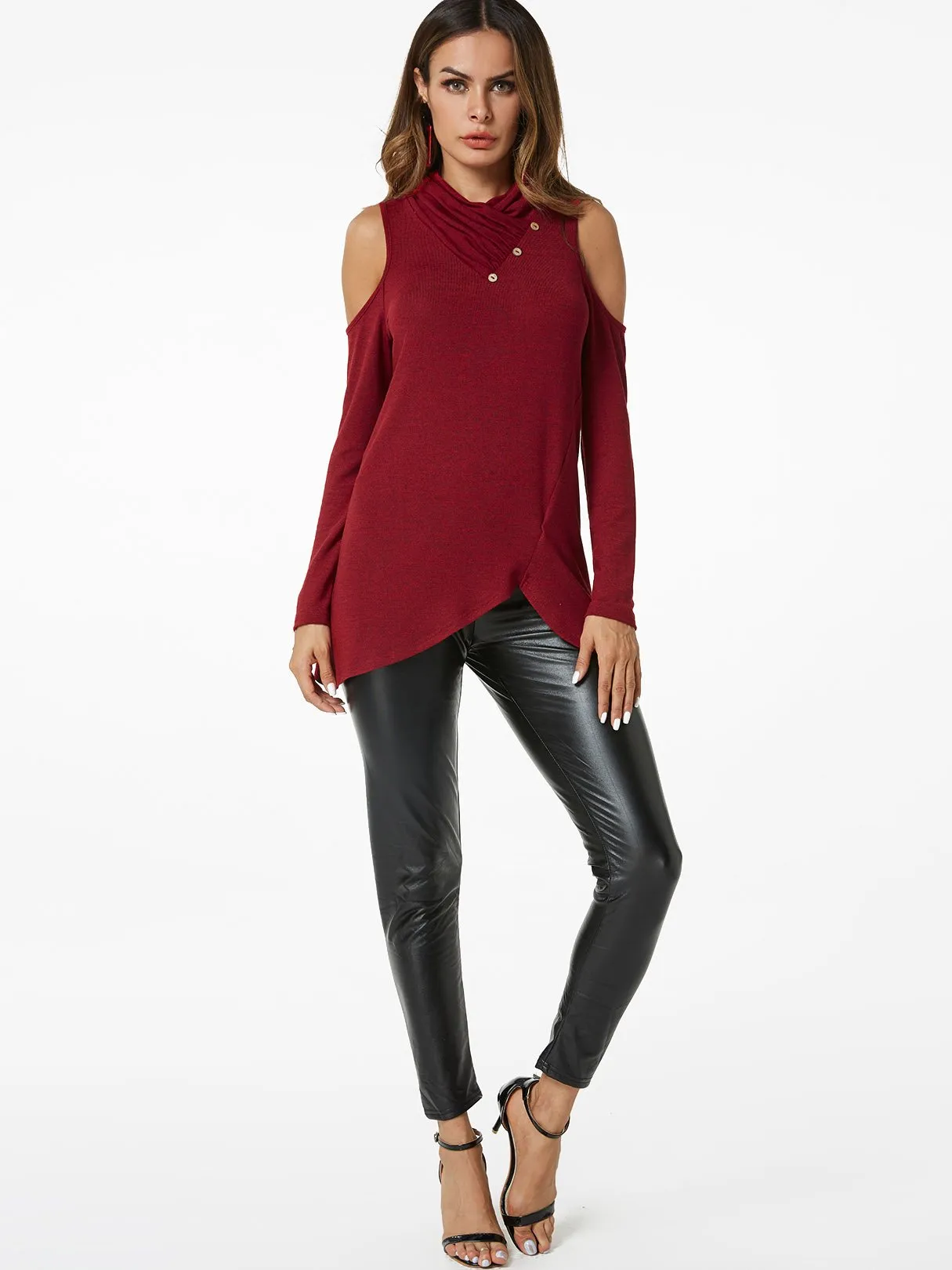 Custom Cold Shoulder Crossed Front Long Sleeve Irregular Hem Burgundy T-Shirts