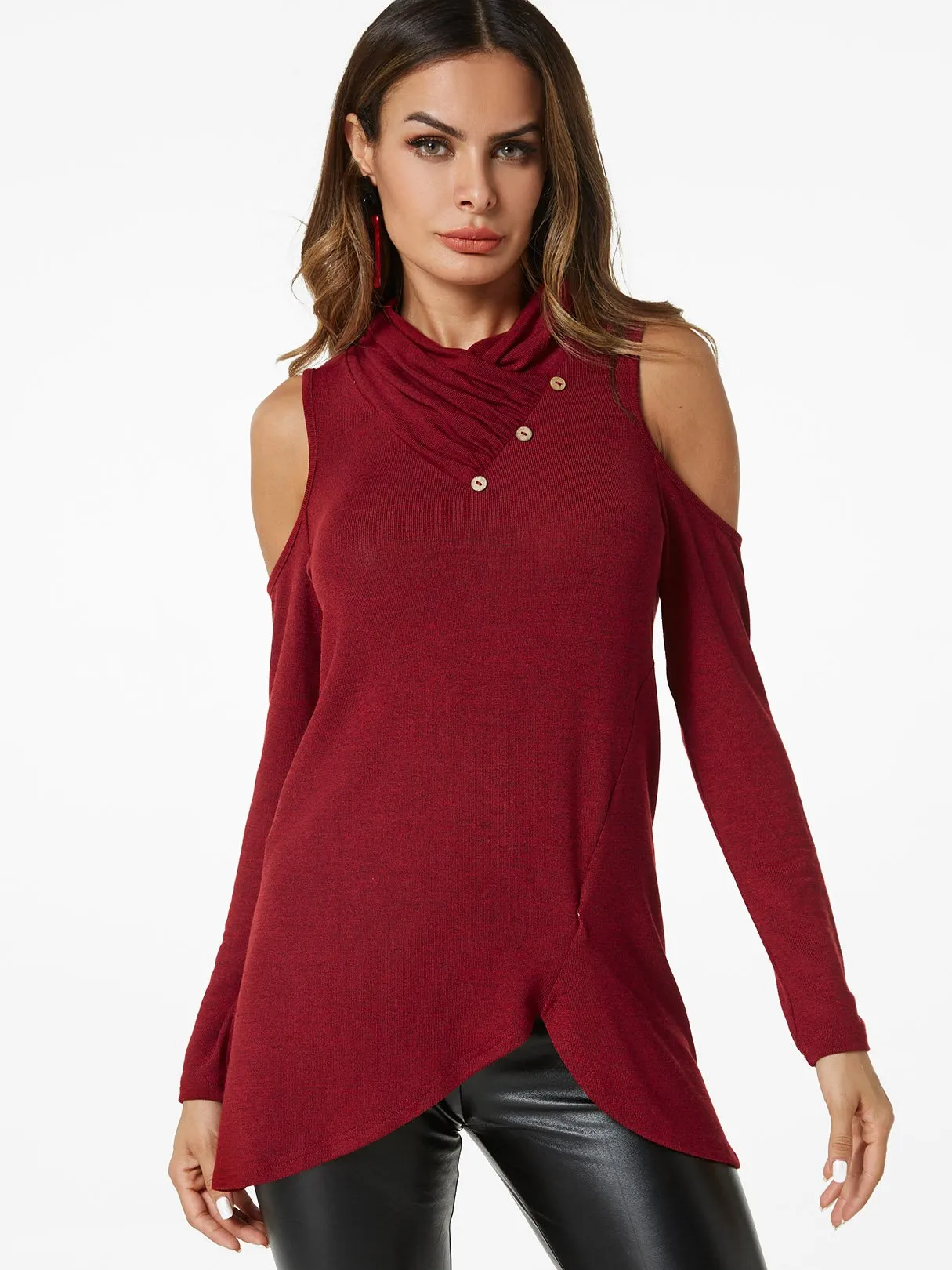 Custom Cold Shoulder Crossed Front Long Sleeve Irregular Hem Burgundy T-Shirts