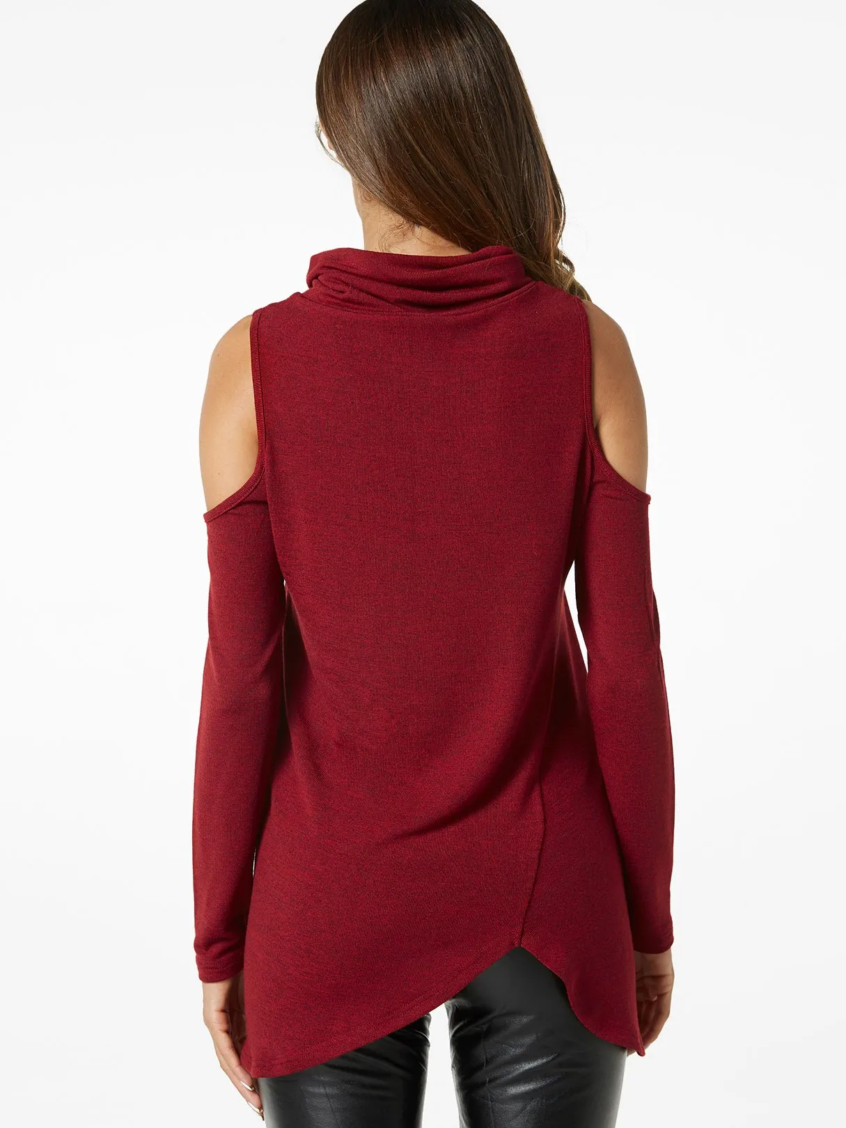 Custom Cold Shoulder Crossed Front Long Sleeve Irregular Hem Burgundy T-Shirts