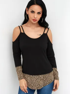 Custom Cold Shoulder Leopard Long Sleeve Black T-Shirts