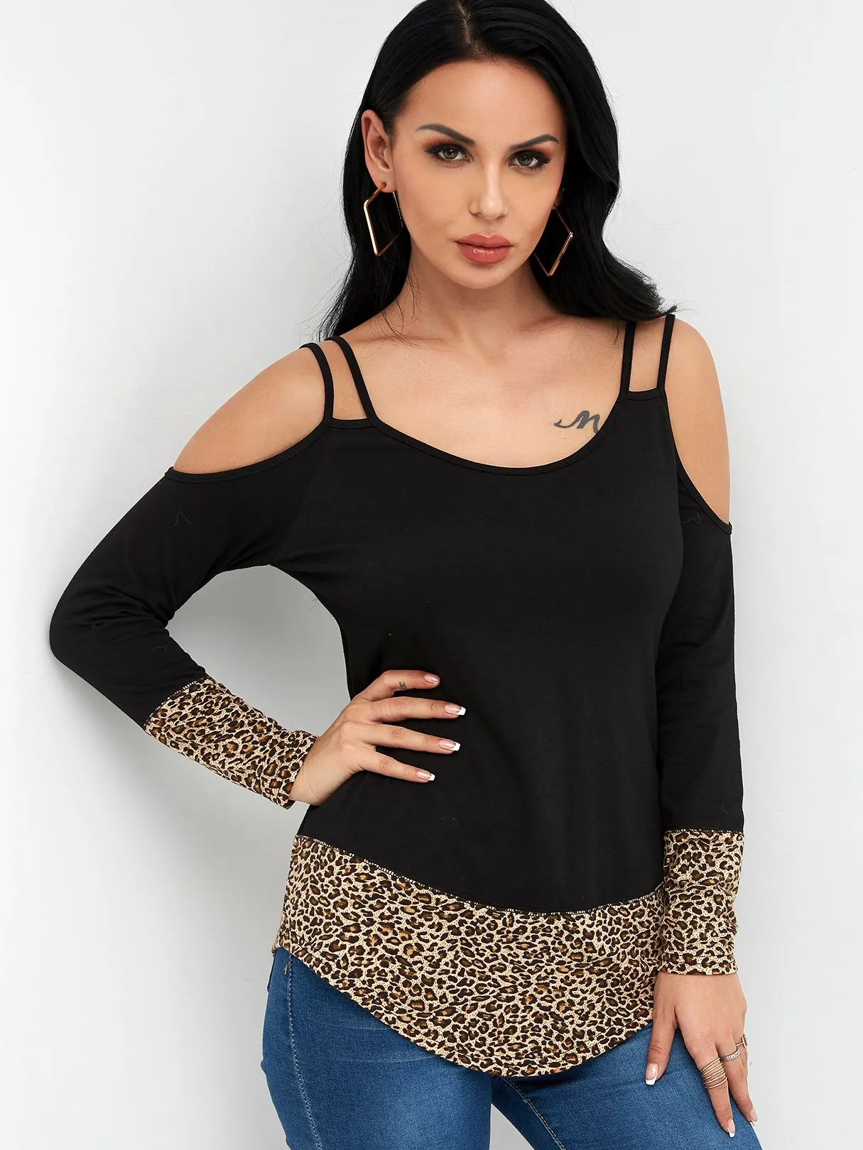 Custom Cold Shoulder Leopard Long Sleeve Black T-Shirts