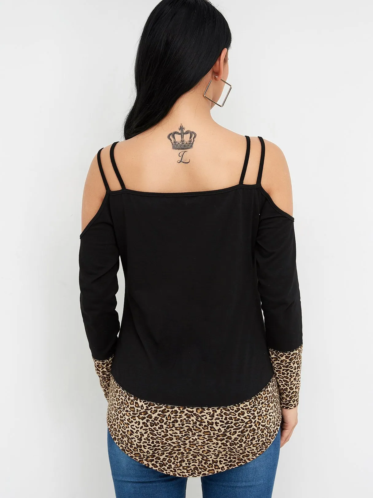 Custom Cold Shoulder Leopard Long Sleeve Black T-Shirts