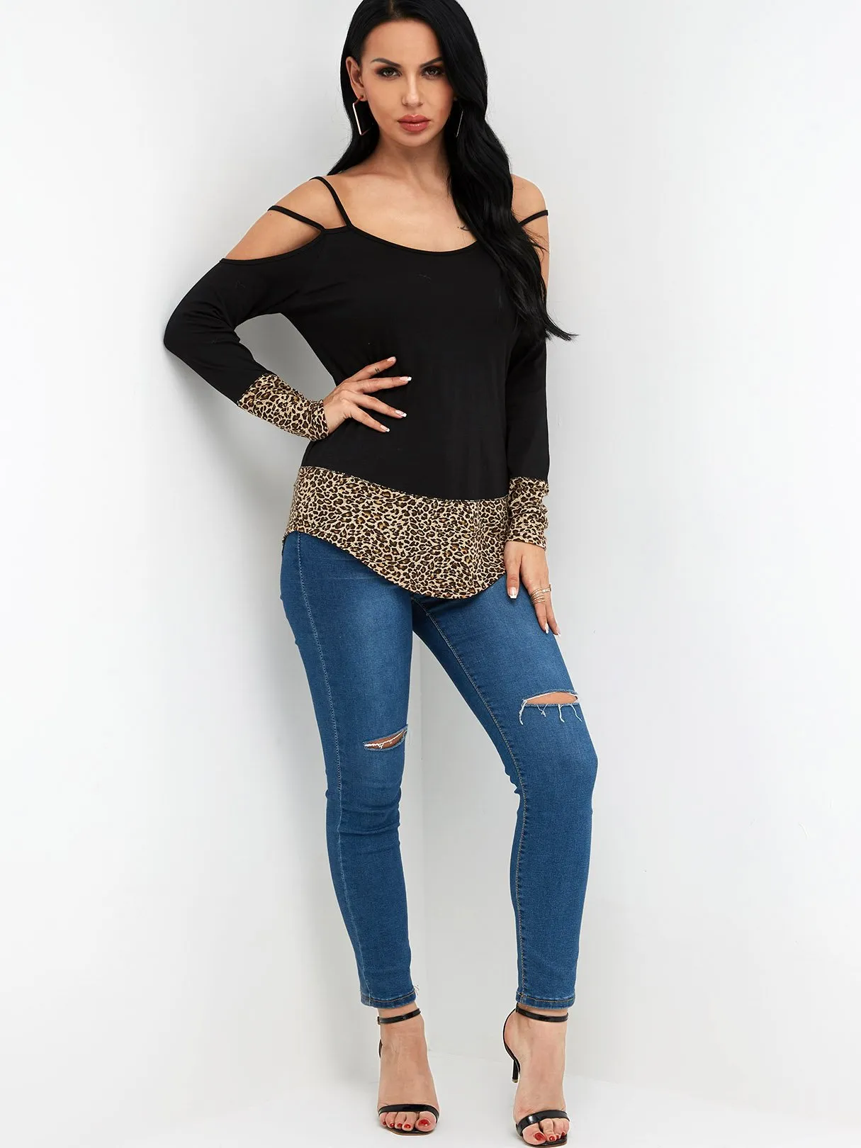 Custom Cold Shoulder Leopard Long Sleeve Black T-Shirts