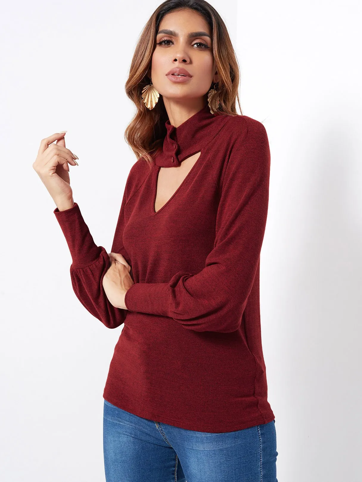 Custom Cut Out Long Sleeve Burgundy Top