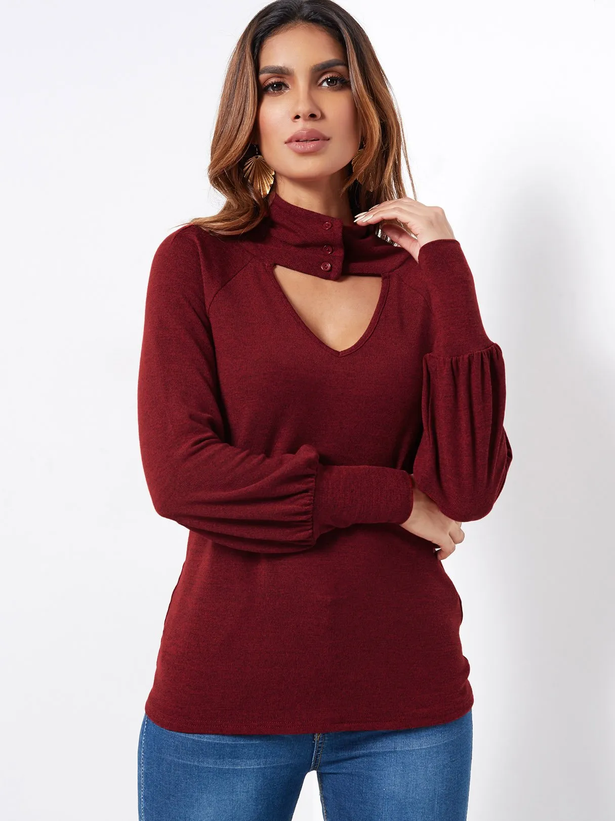 Custom Cut Out Long Sleeve Burgundy Top