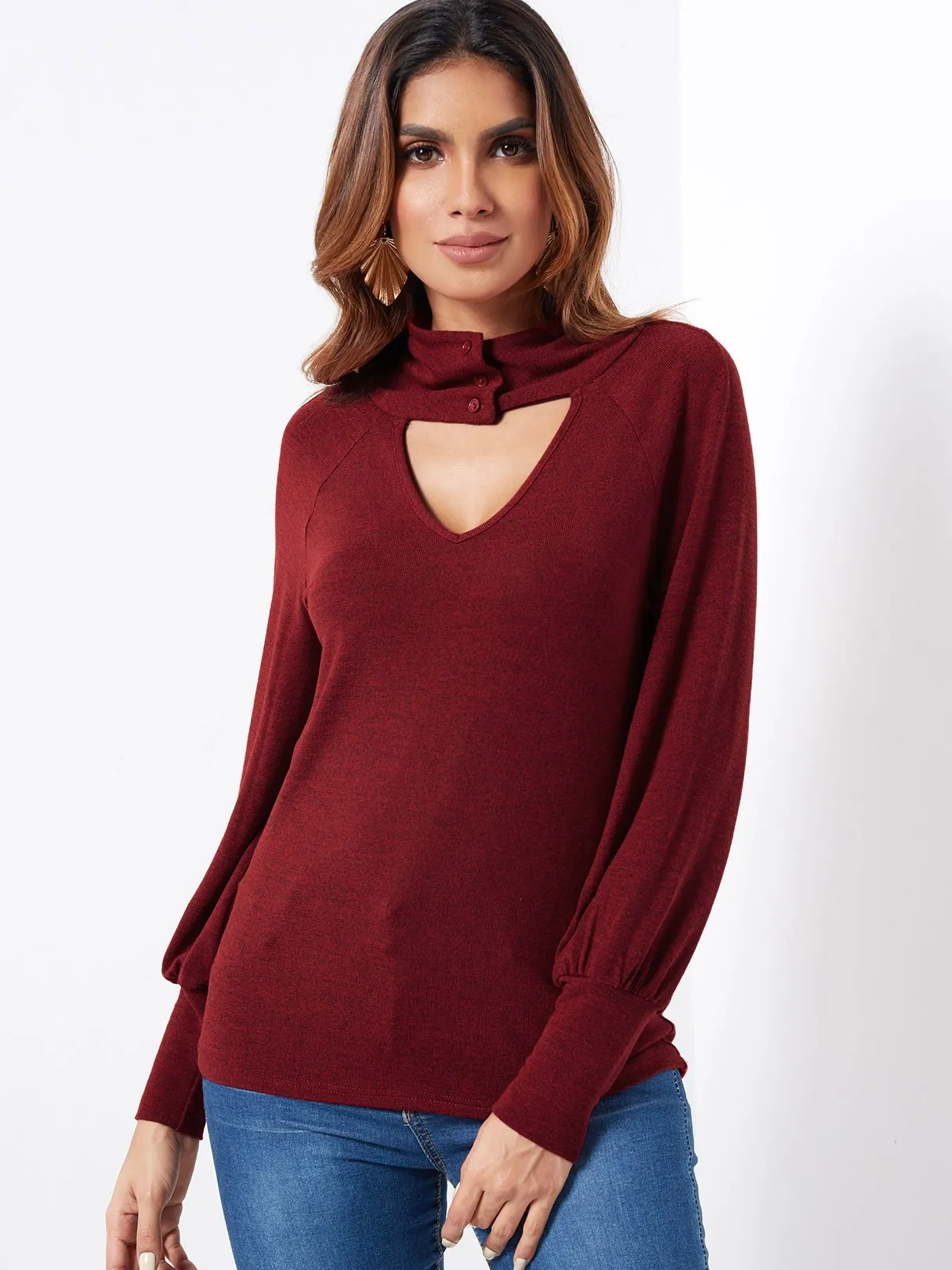 Custom Cut Out Long Sleeve Burgundy Top