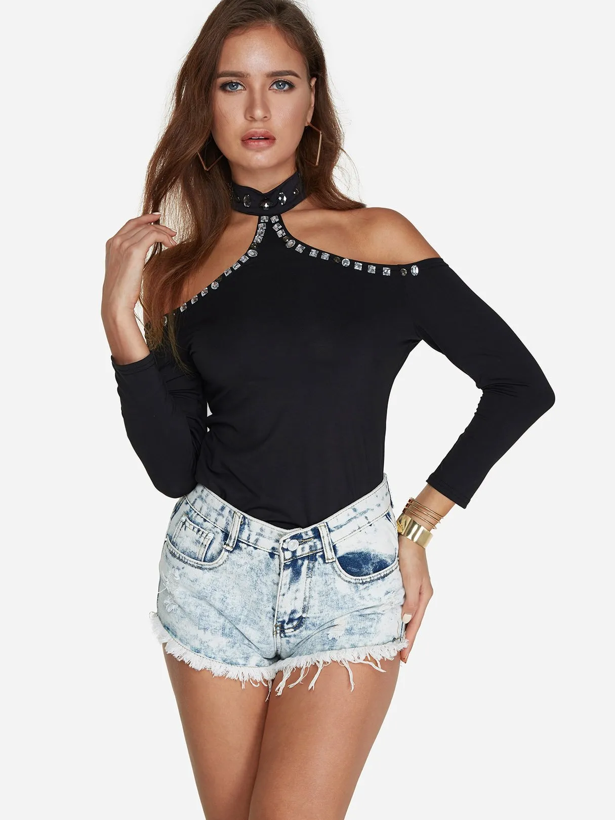 Custom Halter Cold Shoulder Long Sleeve Black T-Shirts