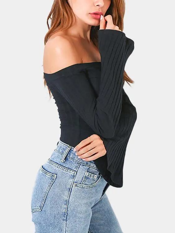 Custom Off The Shoulder Long Sleeve Black T-Shirts