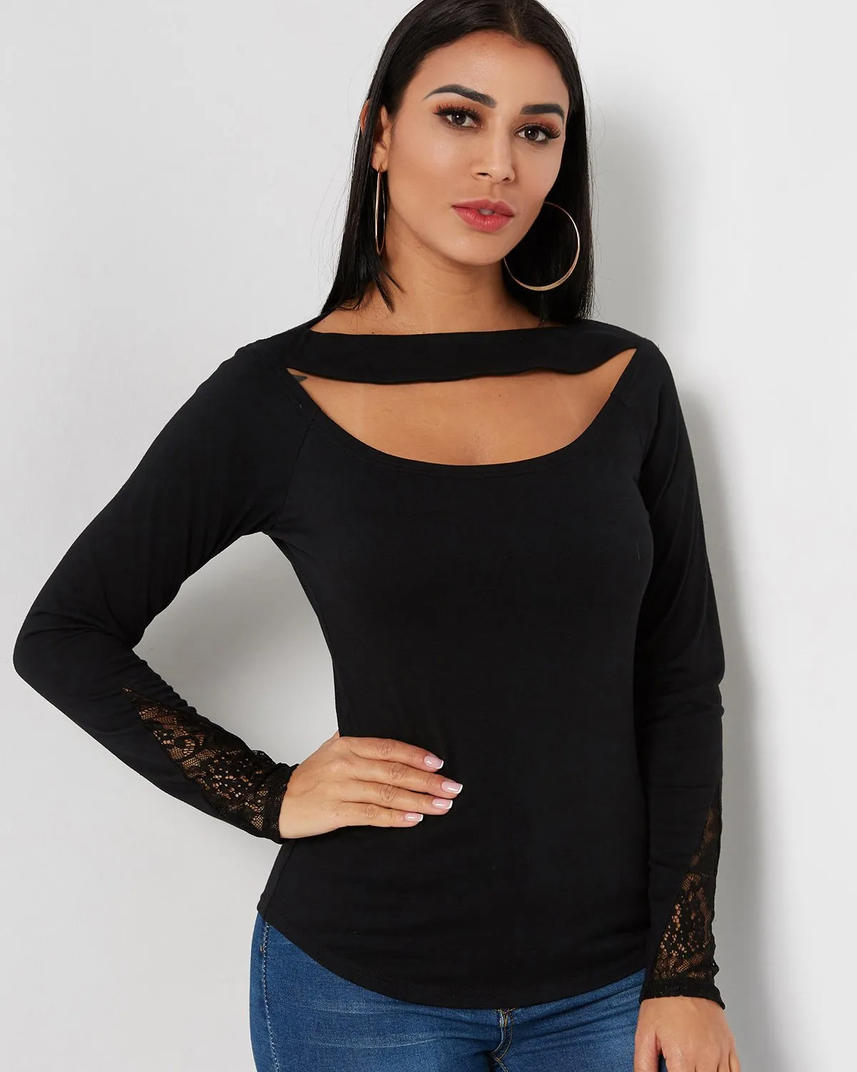 Custom Plain Lace Cut Out Long Sleeve Black T-Shirts