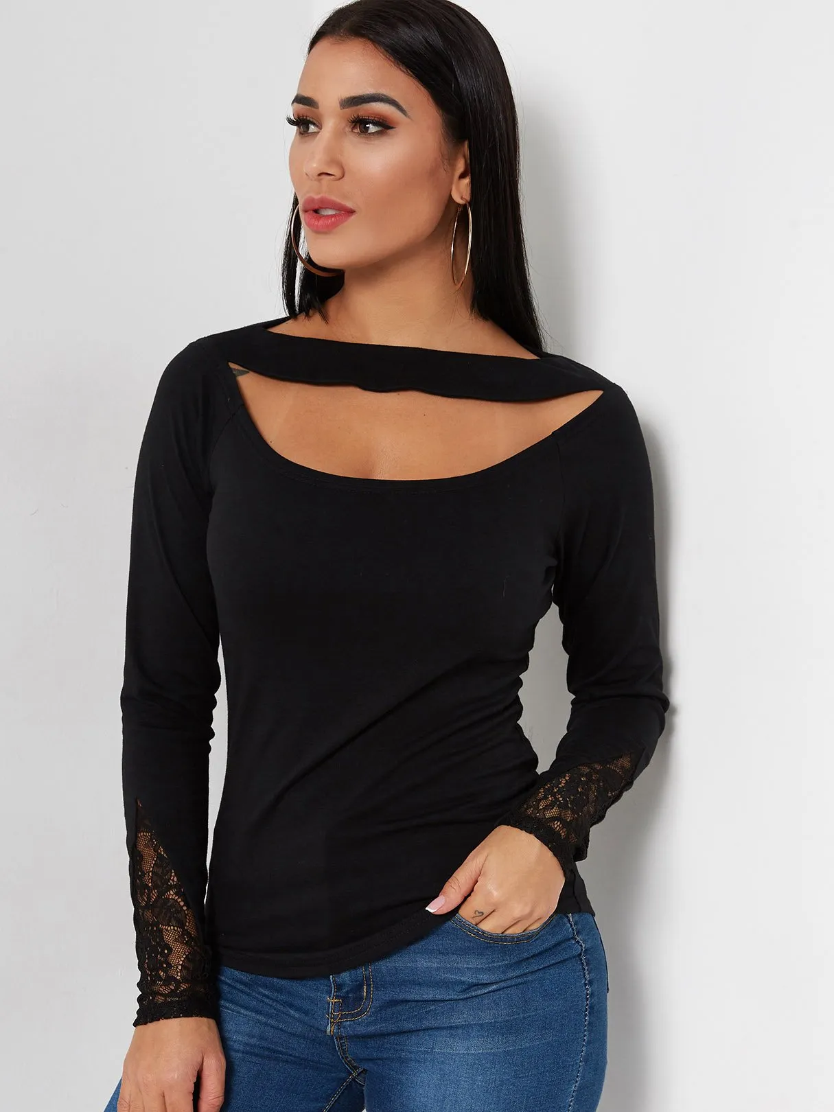 Custom Plain Lace Cut Out Long Sleeve Black T-Shirts