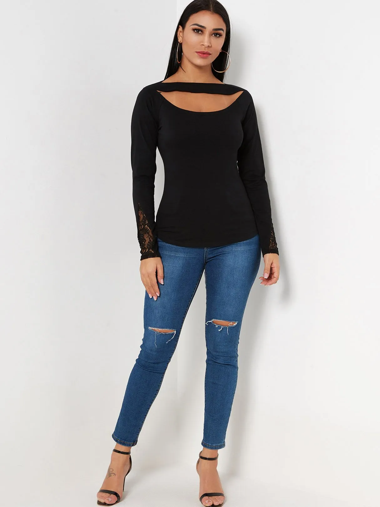 Custom Plain Lace Cut Out Long Sleeve Black T-Shirts