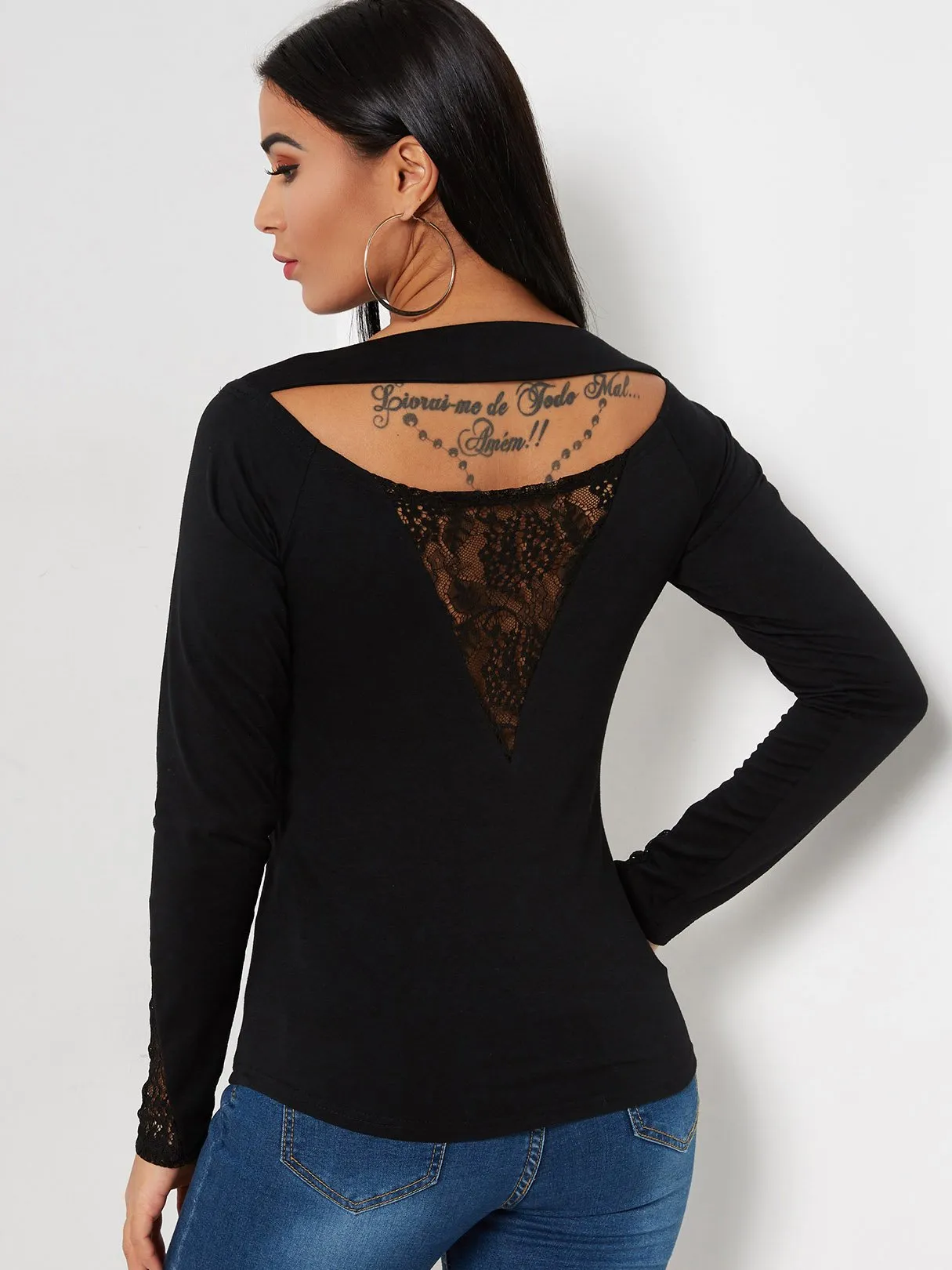 Custom Plain Lace Cut Out Long Sleeve Black T-Shirts