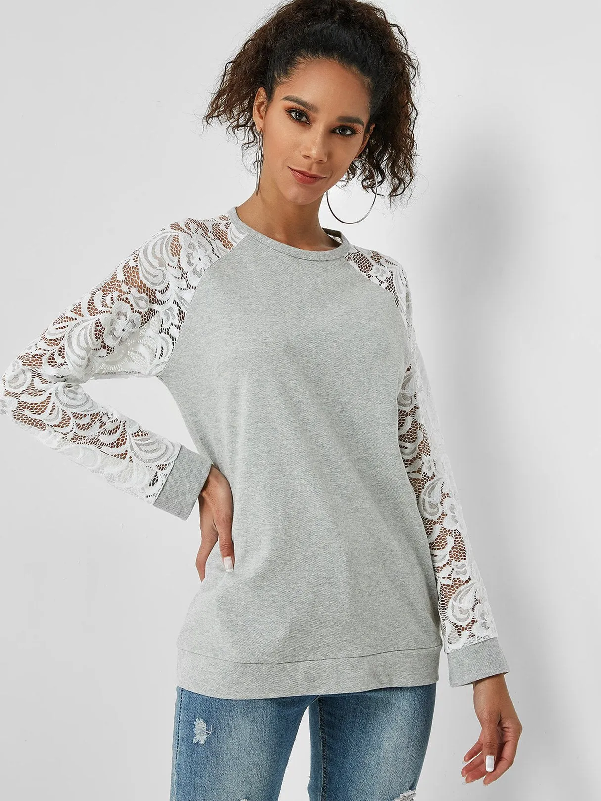 Custom Round Neck Lace Long Sleeve Grey T-Shirt