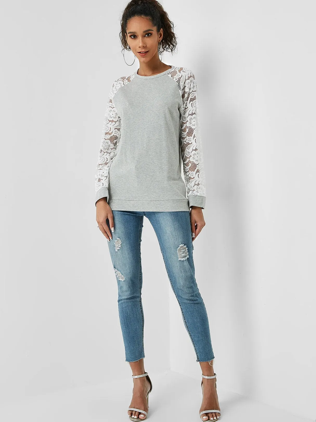 Custom Round Neck Lace Long Sleeve Grey T-Shirt