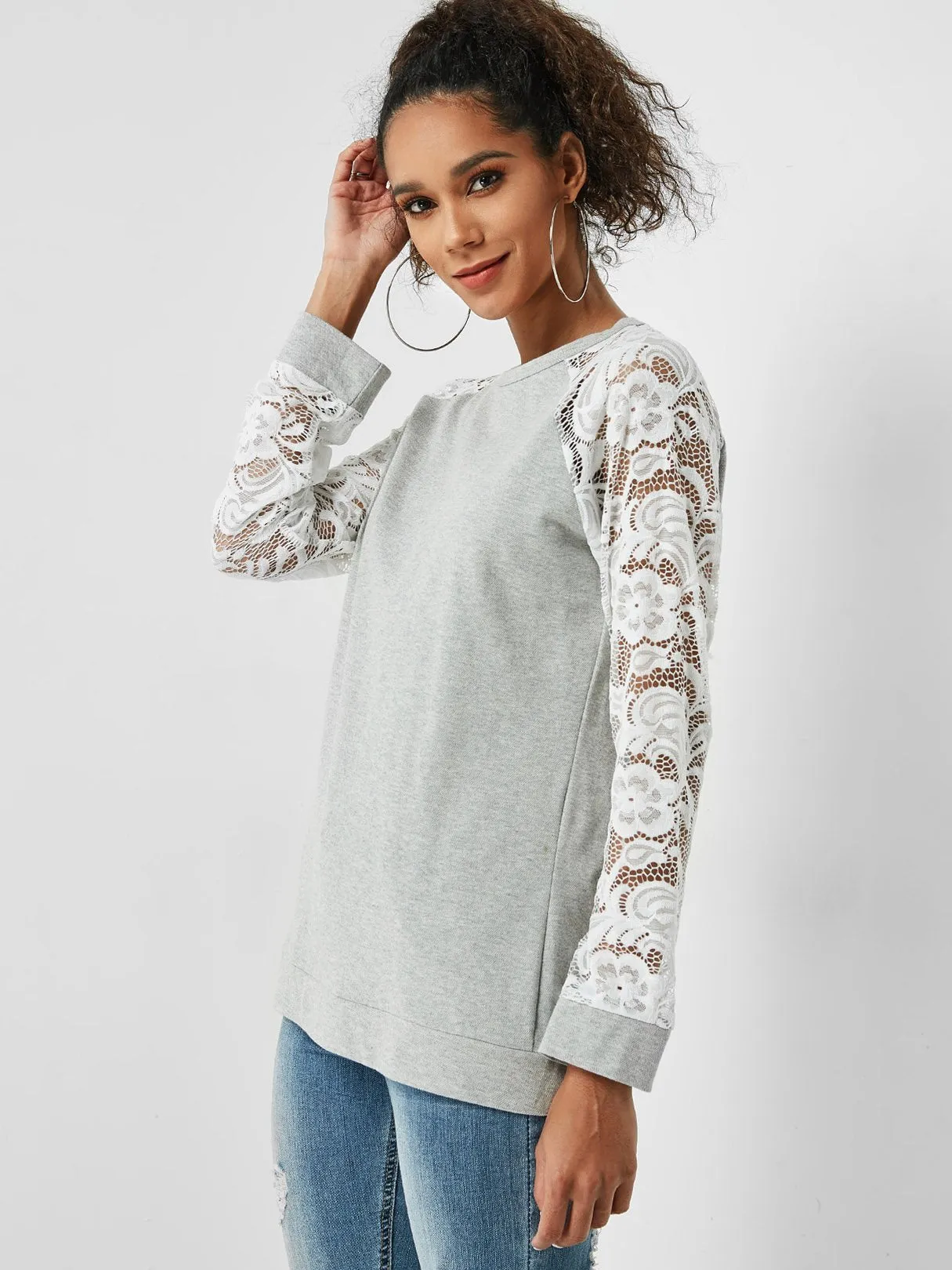 Custom Round Neck Lace Long Sleeve Grey T-Shirt