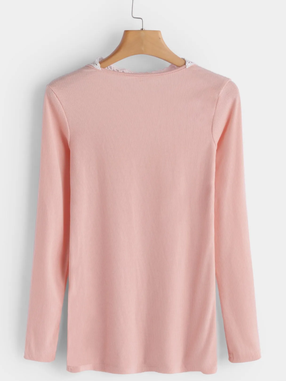 Custom Round Neck Lace Long Sleeve Pink T-Shirts