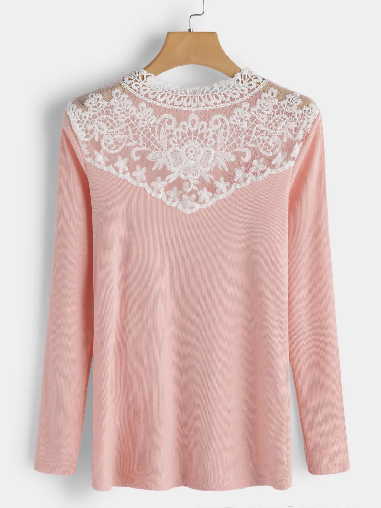 Custom Round Neck Lace Long Sleeve Pink T-Shirts