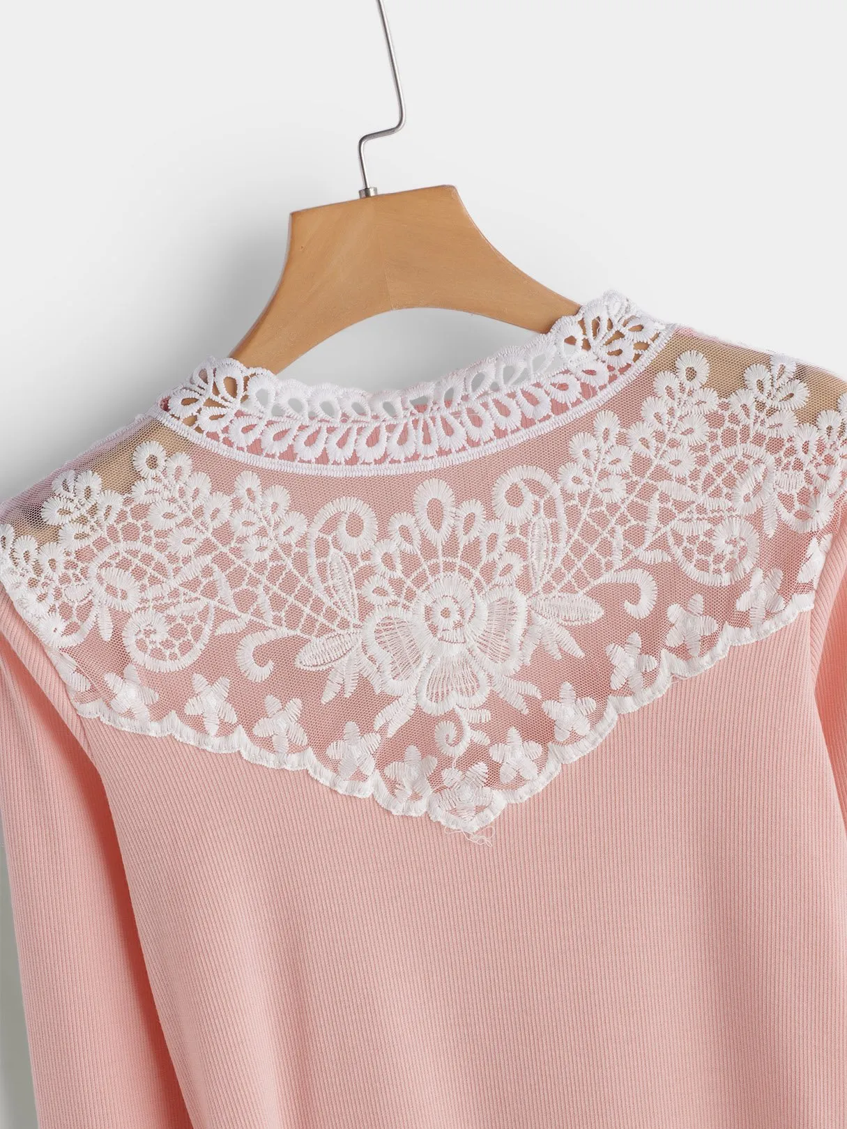 Custom Round Neck Lace Long Sleeve Pink T-Shirts