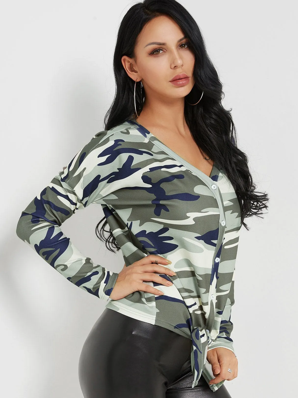 Custom V-Neck Camouflage Tie-Up Long Sleeve Camouflage Top