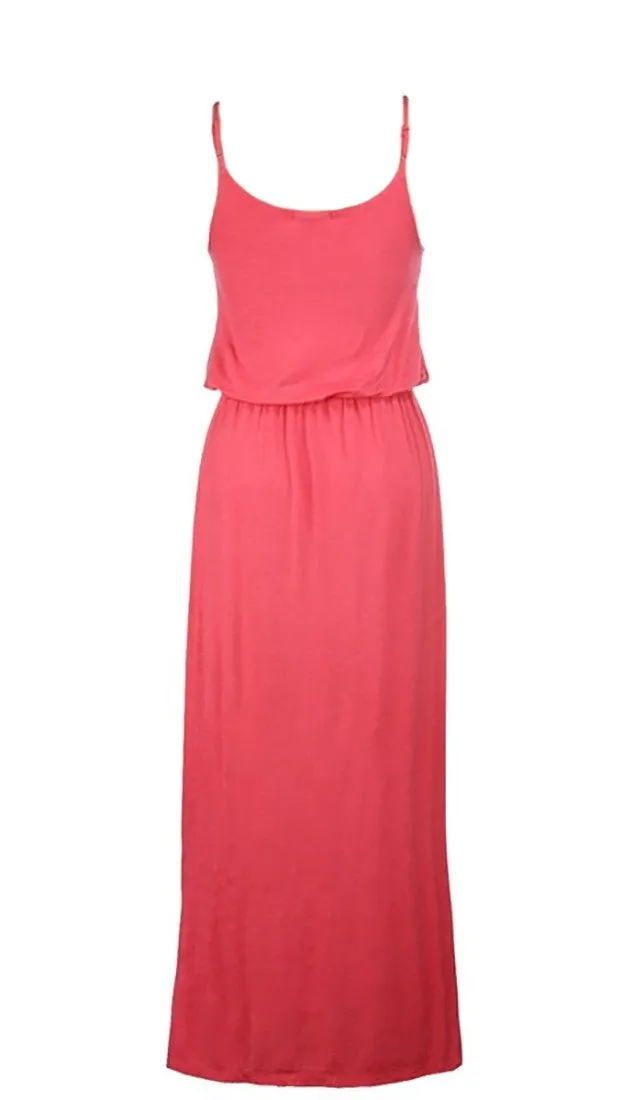 Elastic Waist Solid Maxi Tank Dress in Coral