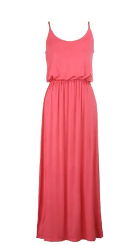 Elastic Waist Solid Maxi Tank Dress in Coral