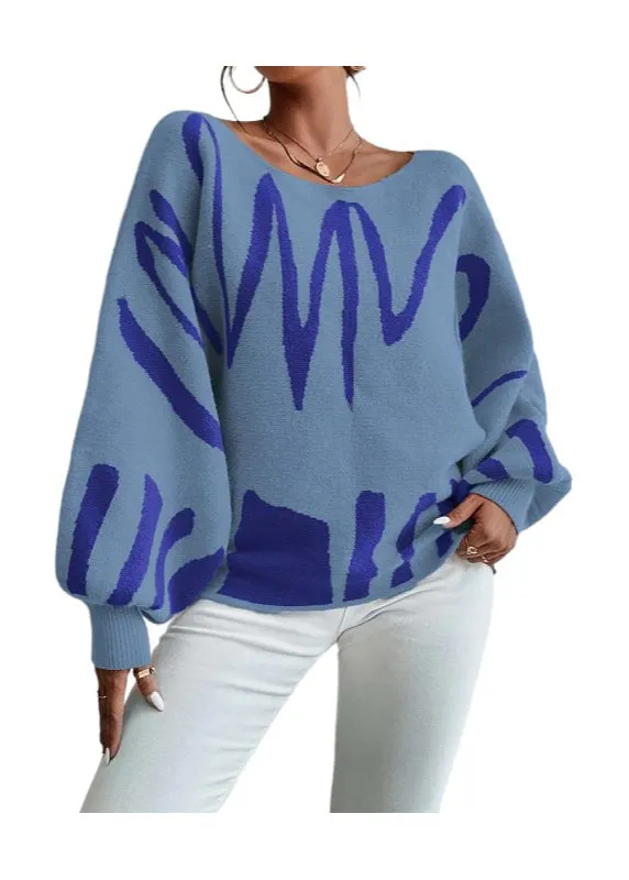 Fashion Blue Slash Neck Knit Sweaters Lantern Sleeve QY017