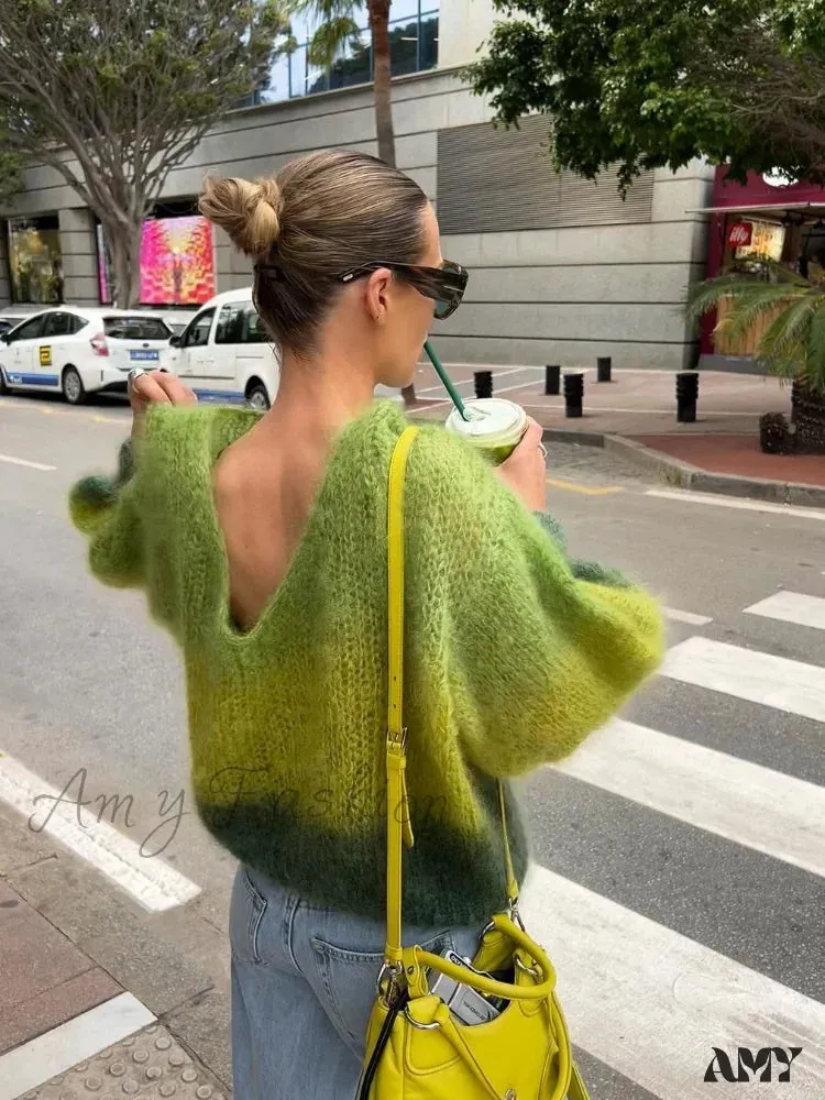 Fashion Gradient Green Loose Knitted Pullover Women Elegant Round Neck Long Sleeve Chic Autumn Sweater