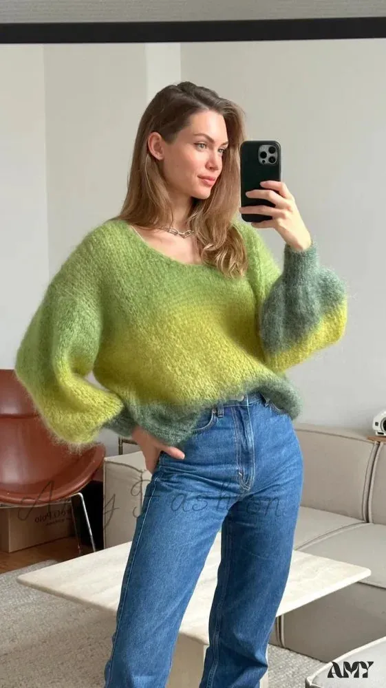 Fashion Gradient Green Loose Knitted Pullover Women Elegant Round Neck Long Sleeve Chic Autumn Sweater