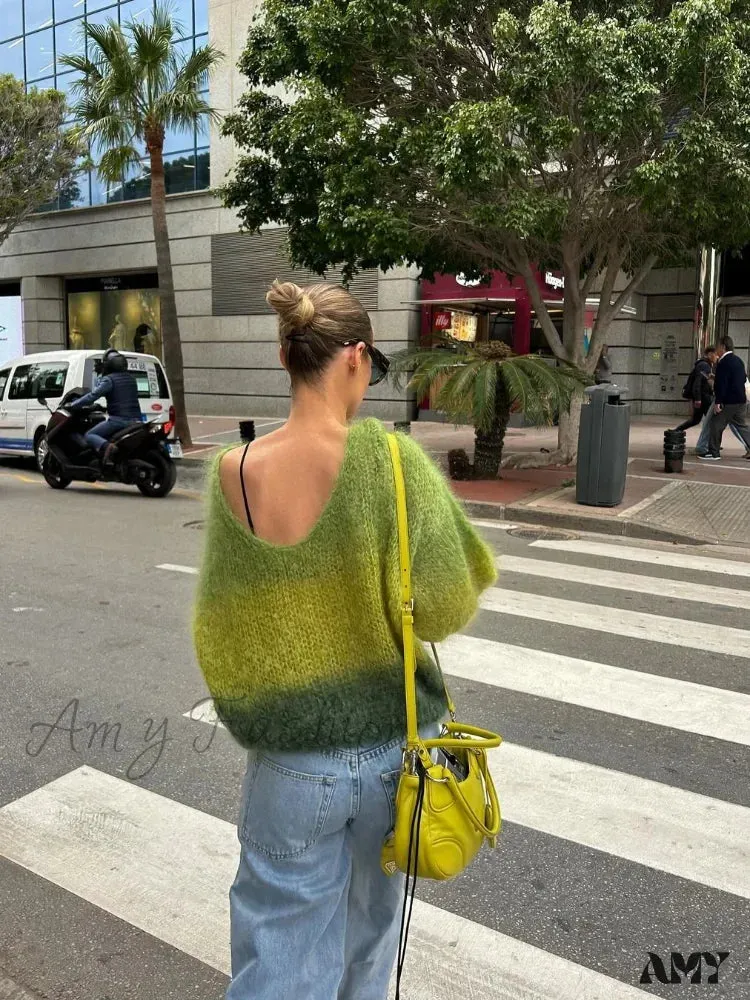 Fashion Gradient Green Loose Knitted Pullover Women Elegant Round Neck Long Sleeve Chic Autumn Sweater