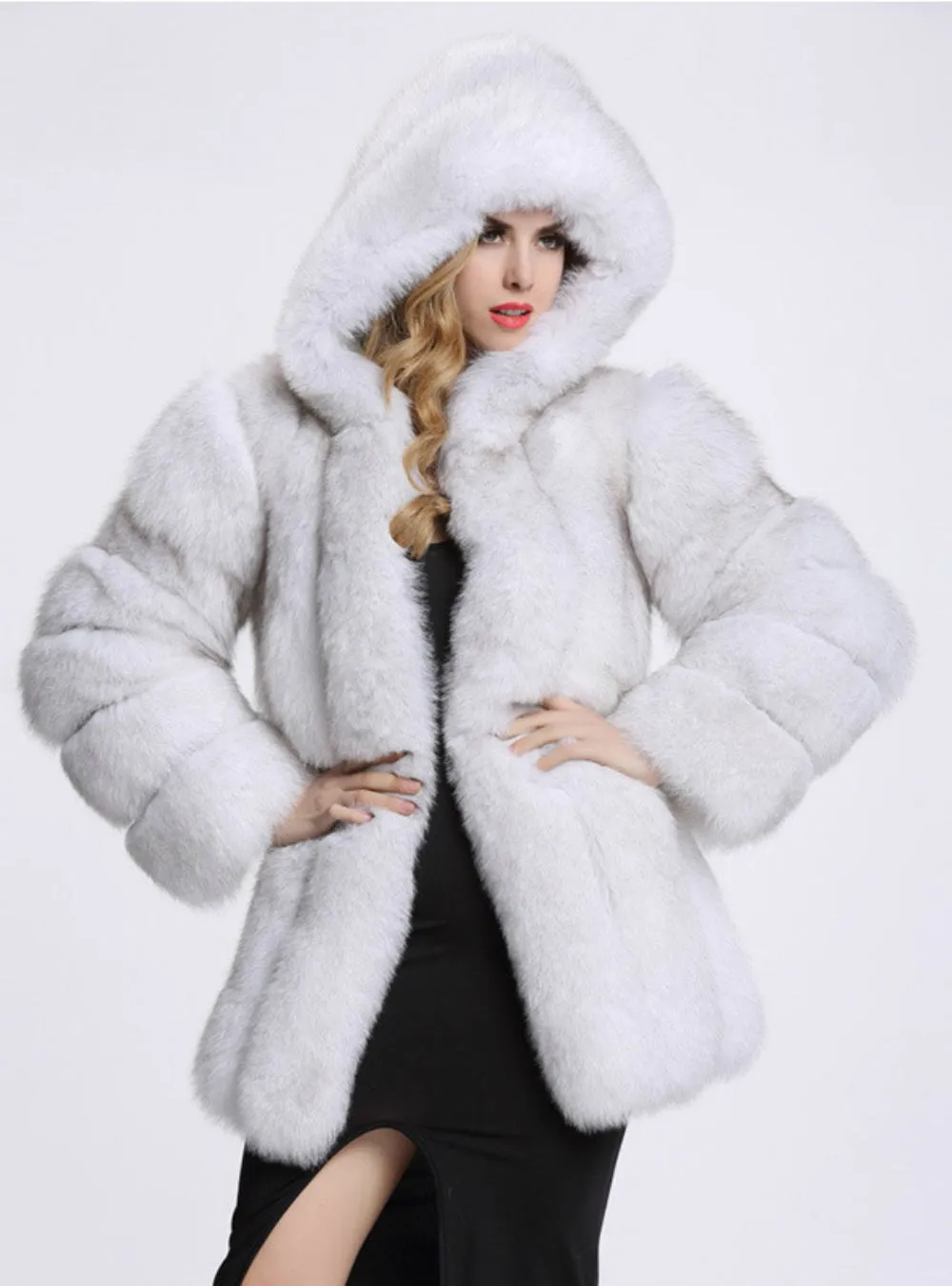 Faux Fox Fur Medium Length Sleeve Cap Coat Female