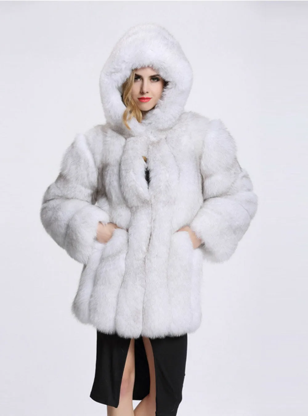 Faux Fox Fur Medium Length Sleeve Cap Coat Female