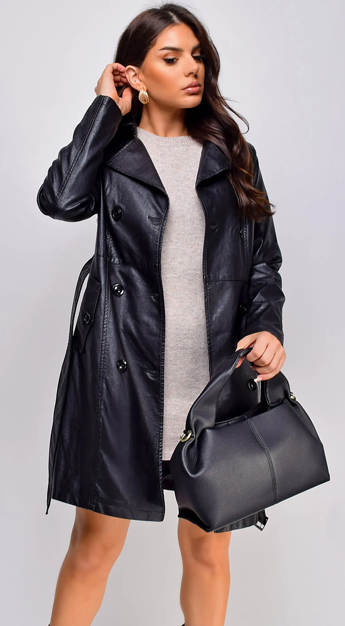 Finland Faux Leather Trench Coat - Black