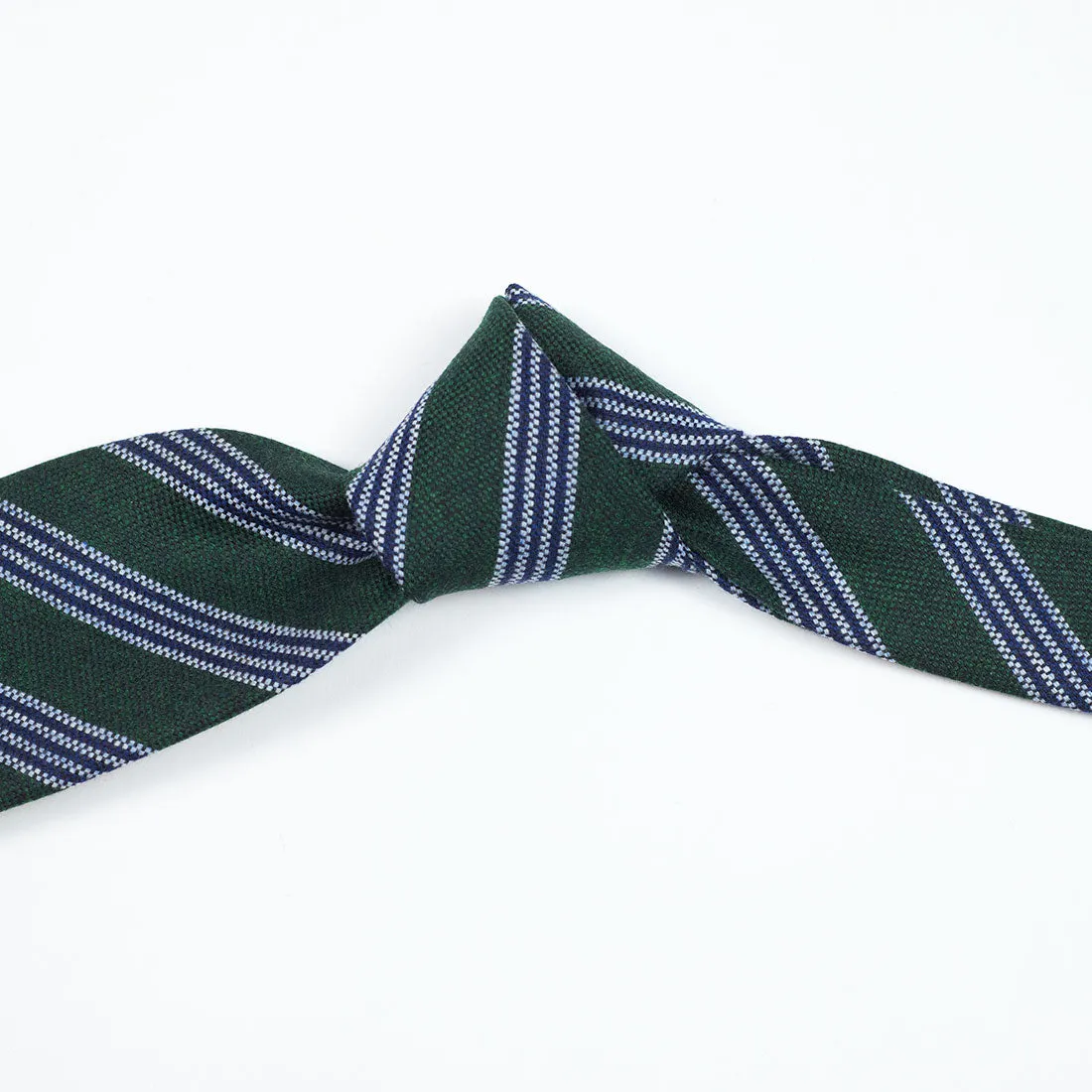 Forest green wool & silk tie, navy & white multi stripes